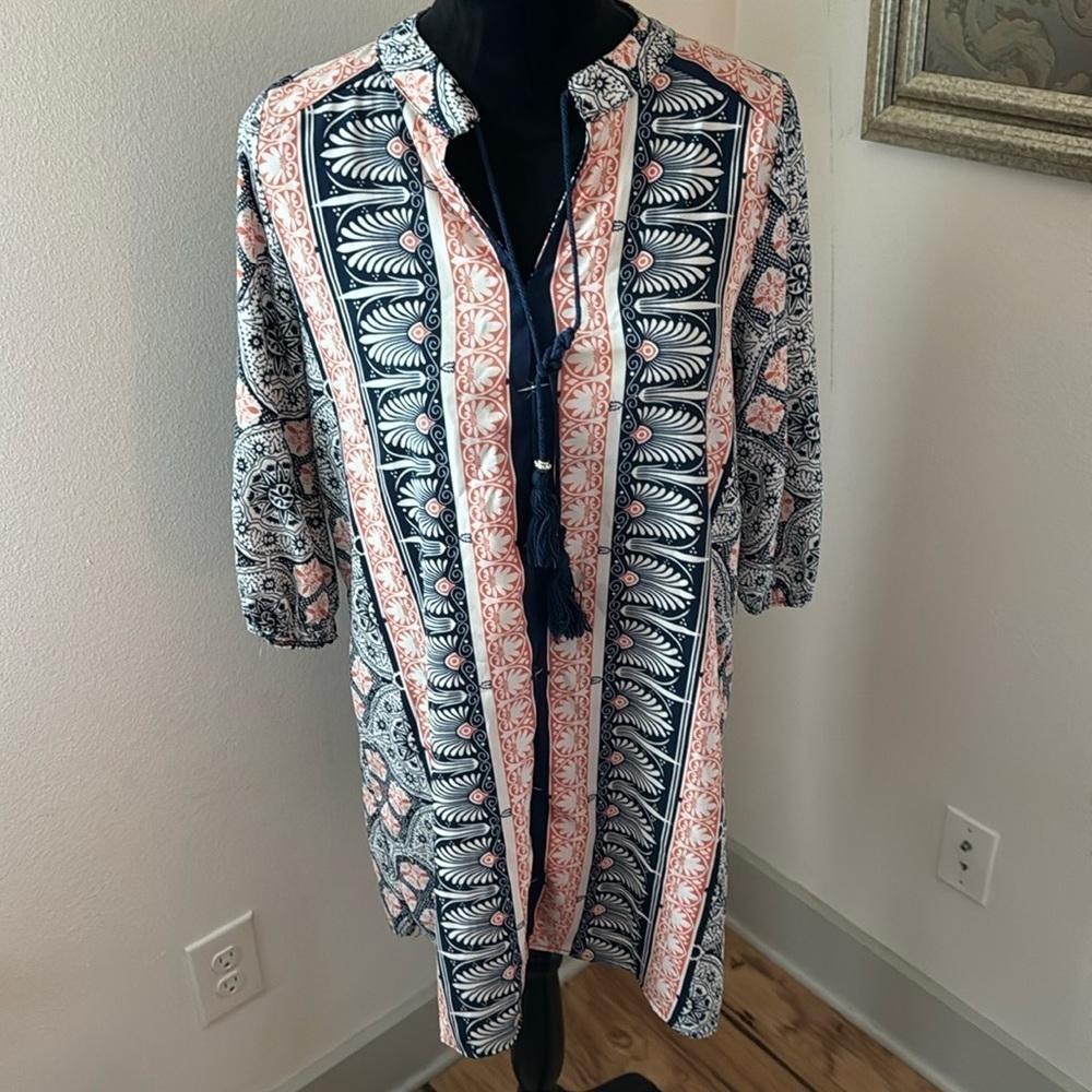 West Kei Boho tunic dress tassels blue print‎ 3/4 sleeves Sz S